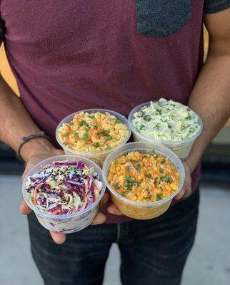 Macaroni Salad, Potato Salad, Coleslaw, and Street Corn