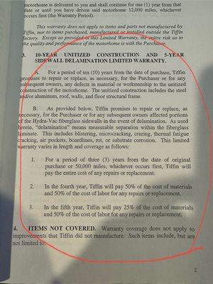 section in Tiffin warranty book that they will not honor