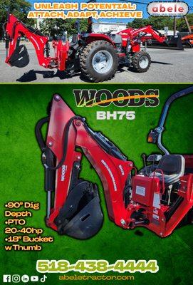 Woods BH75 Backhoe, 90-inch dig depth, tractor attachment, PTO 20-40hp, 18-inch bucket, efficient digging, versatile backhoe