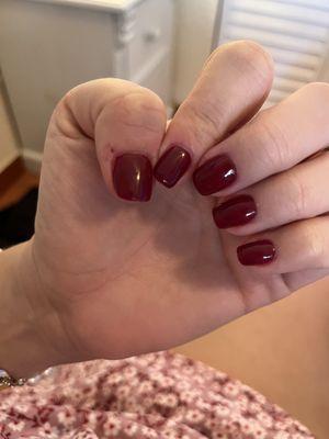 Apres gel manicure ($70). The color is OPI Malaga Wine.