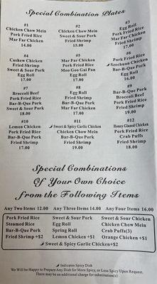 Special Combination Plates menu