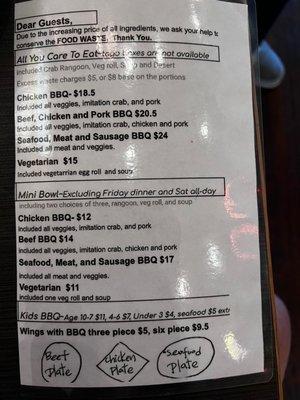 HEADS UP!  "new covid price sheet" handed out along with the menu.