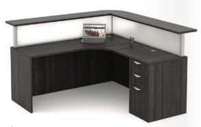 A new, Coastal Gray Laminate Reception Desk with Frosted Acrylic Panels and matching Transaction Top.