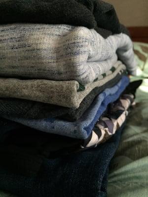 All my clothes back, folded and washed! $10 min, over 10lbs is $1/lb.