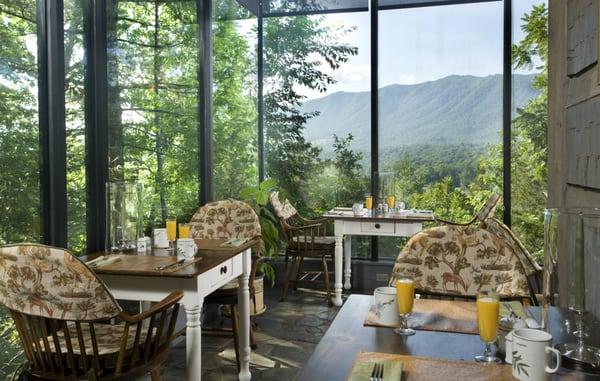 Gourmet breakfast served daily with the Great Smokies as a backdrop.