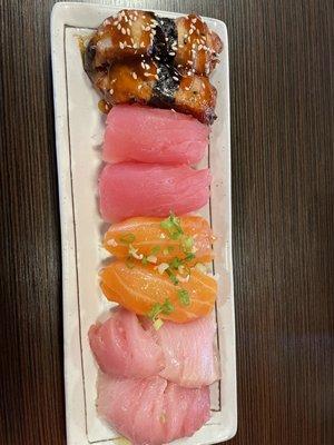 2 Piece Eel Nigiri, 2 Piece Tuna Nigiri, 2 Piece Yellow Tail Nigiri, 2 Piece Salmon Nigiri