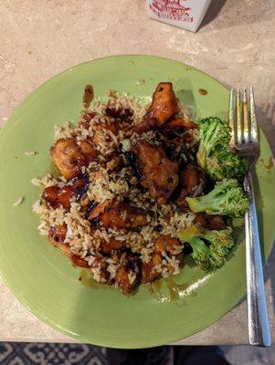 General Tsao's Chicken with Brown Rice.