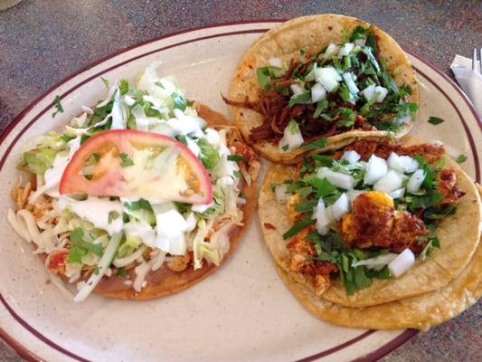 Chicken tostada, chorizo con huevos taco and barbecoa taco