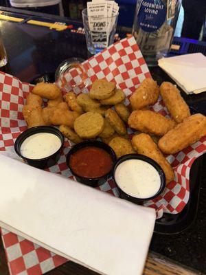 Fried Pickles Spears, mozzarella sticks and Gouda cheese bites