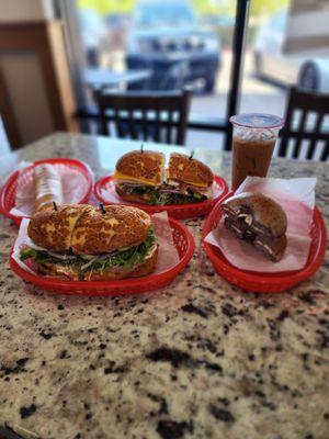 Our great meal for the day! The BSC special, California Club, bagel dog, blueberry bagel with cream cheese, and Vietnamese coffee.