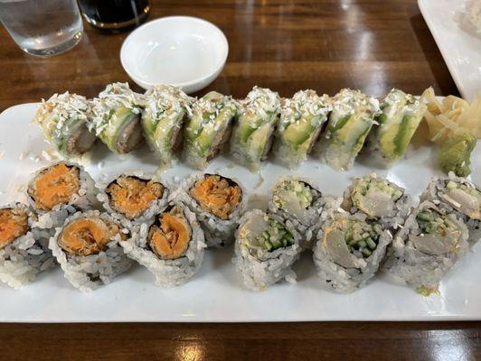 aladdin roll (top); sweet potato & spicy scallop rolls