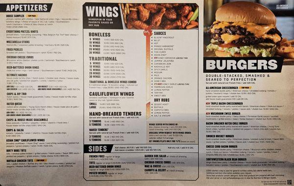 Menu - starters, wings, burgers