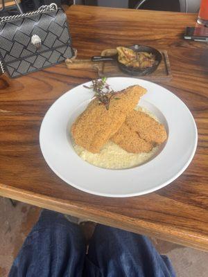 Visually deceptive Catfish and grits and skillet potato's