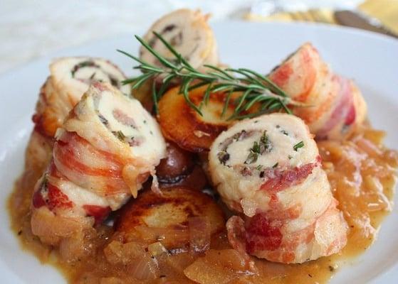 Chicken breasts stuffed with pancetta, olives and herbs, root vegetable sauté and lavender salt