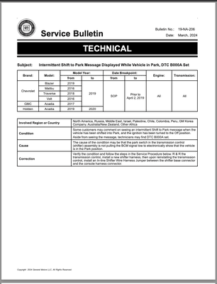 Technical bulletin for a shift to park issue