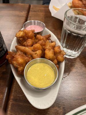 Cauliflower fritters. Yum! Dips were great and garlicky