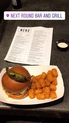 Next round burger w/vegan patty and tots 3