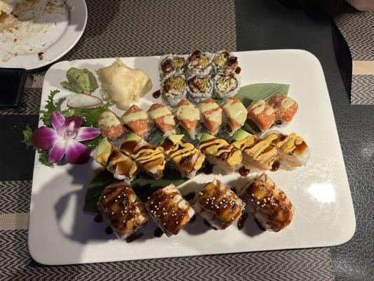 Out of control roll, crazy tuna roll, napoleon roll and eel roll.