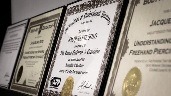 Certificates for piercing and sterilization procedures from the Association of Professional Piercers.