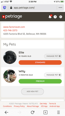 Example of Petriage tracking for each of our dogs at Animal Hospital of Factoria.