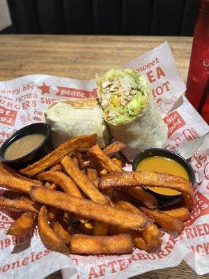 Guacamole Chicken Wrap with Sweet potato fries and Sweet n' sassy sauce