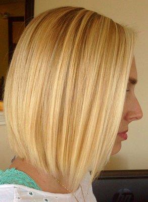 Balayage highlights, shadow root and razored bob by Amanda.