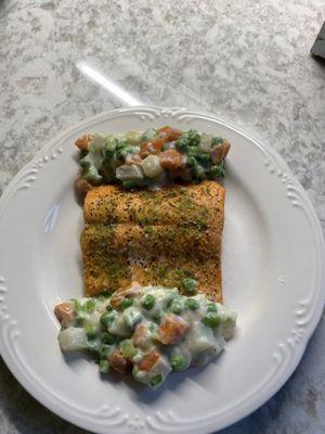 Coho Salmon with Creamed carrots, peas and turnips.  Delicious!