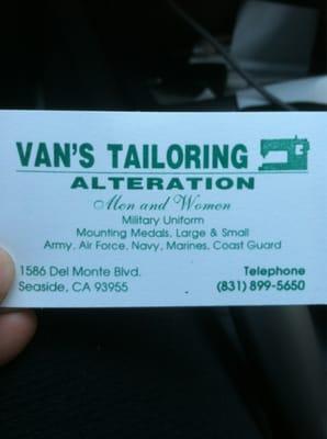 Business card. Van knows alot about the business and what is in fashion for any/every event.