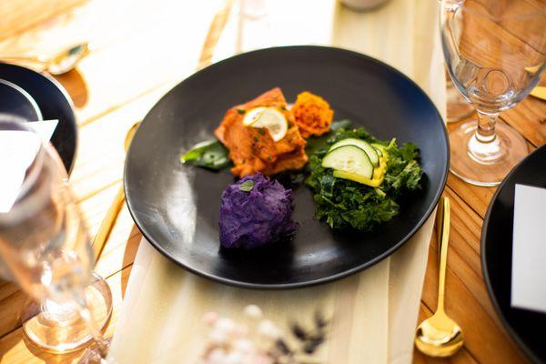 Miso salmon, Okinawa potatoes and tahini kale salad