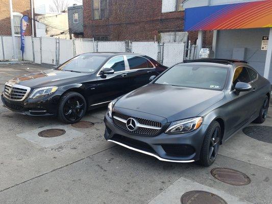 Frozen Grey Mercedes Benz C43 next to a Maybach with Matte black rims.