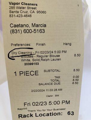 Receipt showing dry cleaning, which I didn't request