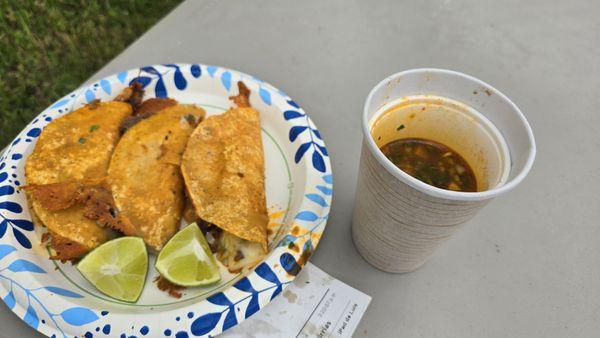 #1 Birria tacos.  Meat and cheese stuffed, then fried, dipping consomme on the side