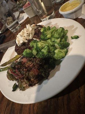 Filet with crab meat, Brussels, and broccoli