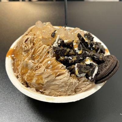 Milk Tea Shaved Snow with Crystal Boba, Oreos, and Caramel Drizzle