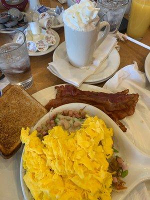 Country skillet and hot chocolate