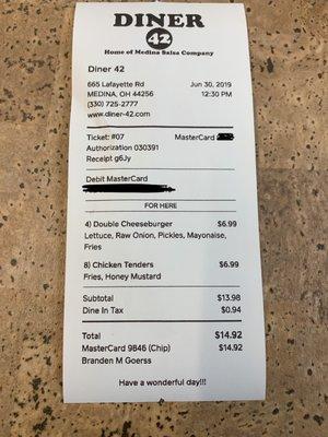 Receipt, cheap food.