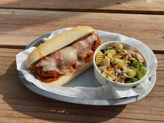 Meatball hoagie + homemade pasta salad