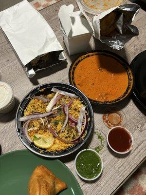 Chicken Tikka Masala, Lamb Biryani, Vegetable Samosa