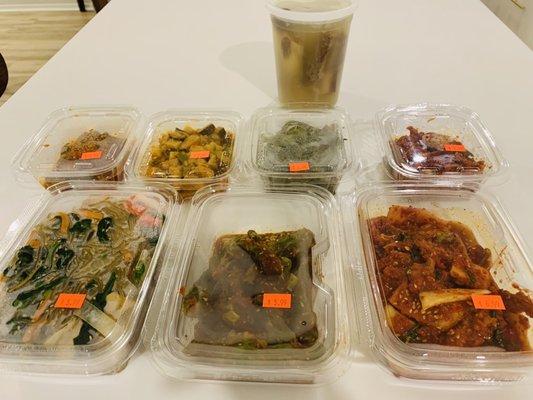 Today's haul: galbi tang, marinated cucumbers, gang dwenjang, marinated seaweed, spicy radish, japchae, marinated peppers, spicy squid