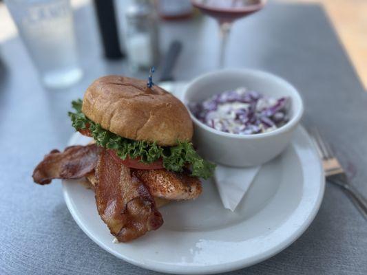 Blackened Salmon BLT with a side of blue cheese slaw.