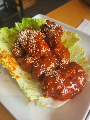 Spicy fried chicken appetizer.  Really good.  Medium is very spicy so if you want hot, I'd say medium takes care of that!