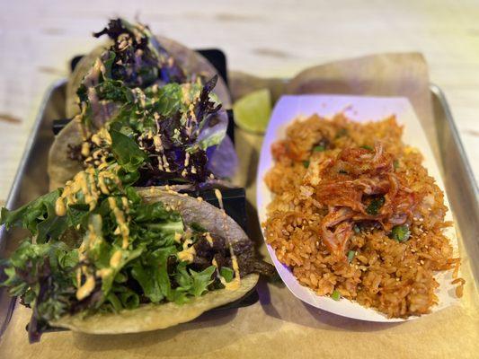 Beef tacos and kimchi fried rice.