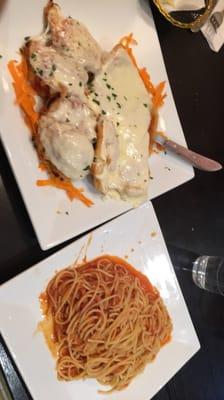 Chicken and shrimp parmigiana with spaghetti. Delicious