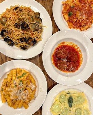 Rigatoni Pitti Ravioli Meatballs Clams with linguini