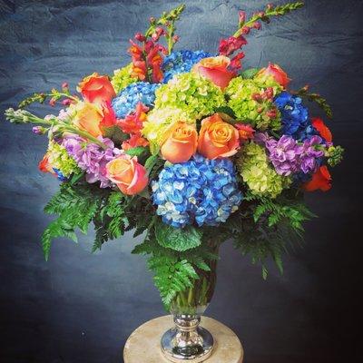 One of our favorites - vibrant & luxurious colors of hydrangeas with circus roses & snapdragons/stocks