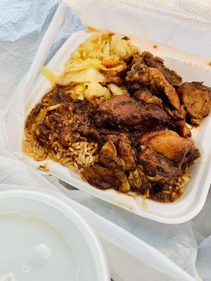 Barbecue BBQ Jerk Chicken Steamed Cabbage Rice & Peas