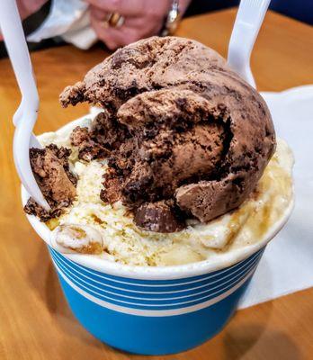 Medium Cup with Michigan Pothole, Cinnamon Churro and Banana Pudding at Michigan Creamery