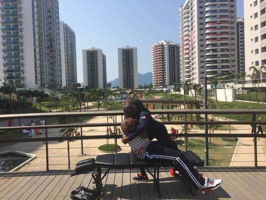 Rhode 2 Wellness seen adjusting at the Olympic village in Rio.