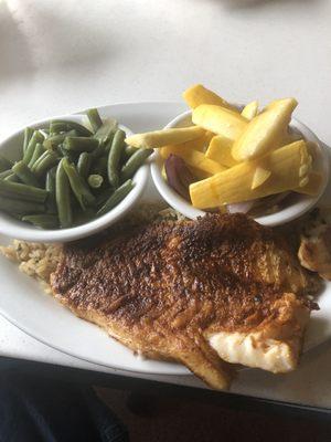 Blackened Cod on rice with green beans and steamed squash - Very Delicious