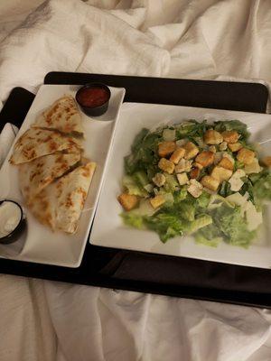 Chicken ceaser salad, and chicken quesadillas!